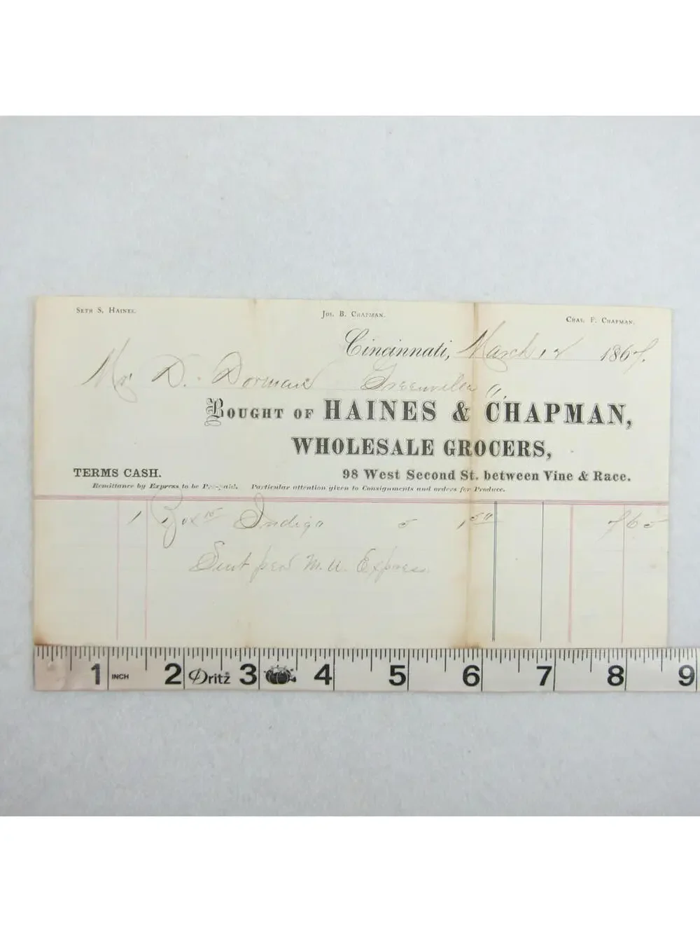 Antique 1867 Haines & Chapman Wholesale Grocer Cincinnati Ohio Receipt Invoice